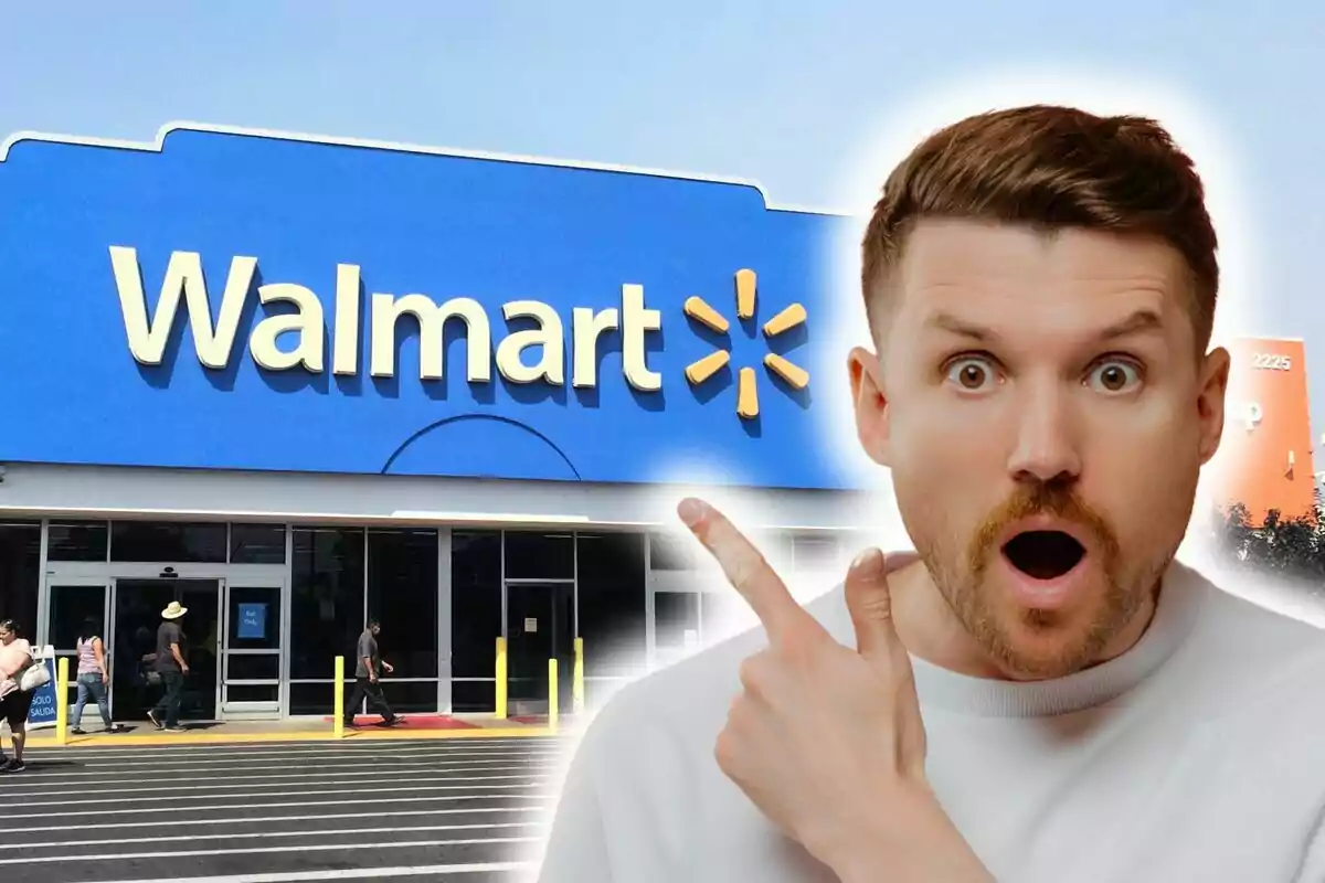 Hombre sorprendido señalando la entrada de una tienda Walmart.
