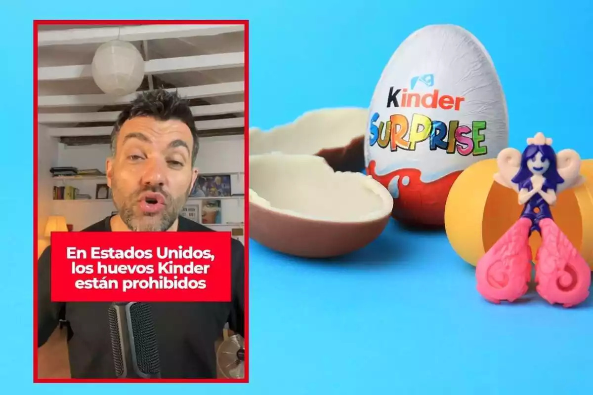 Muntatge de fotos d'un ou kinder obert i, al costat, la imatge d'un tiktoker explicant per què està prohibit aquest producte als Estats Units