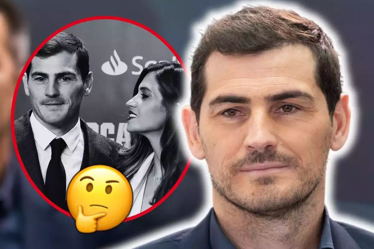 Muntatge de fotos de primer pla d'Íker Casillas amb cara seriosa i, al costat, una imatge d'ell amb la seva exparella, Sara Carbonero, amb un emoji pensatiu al costat