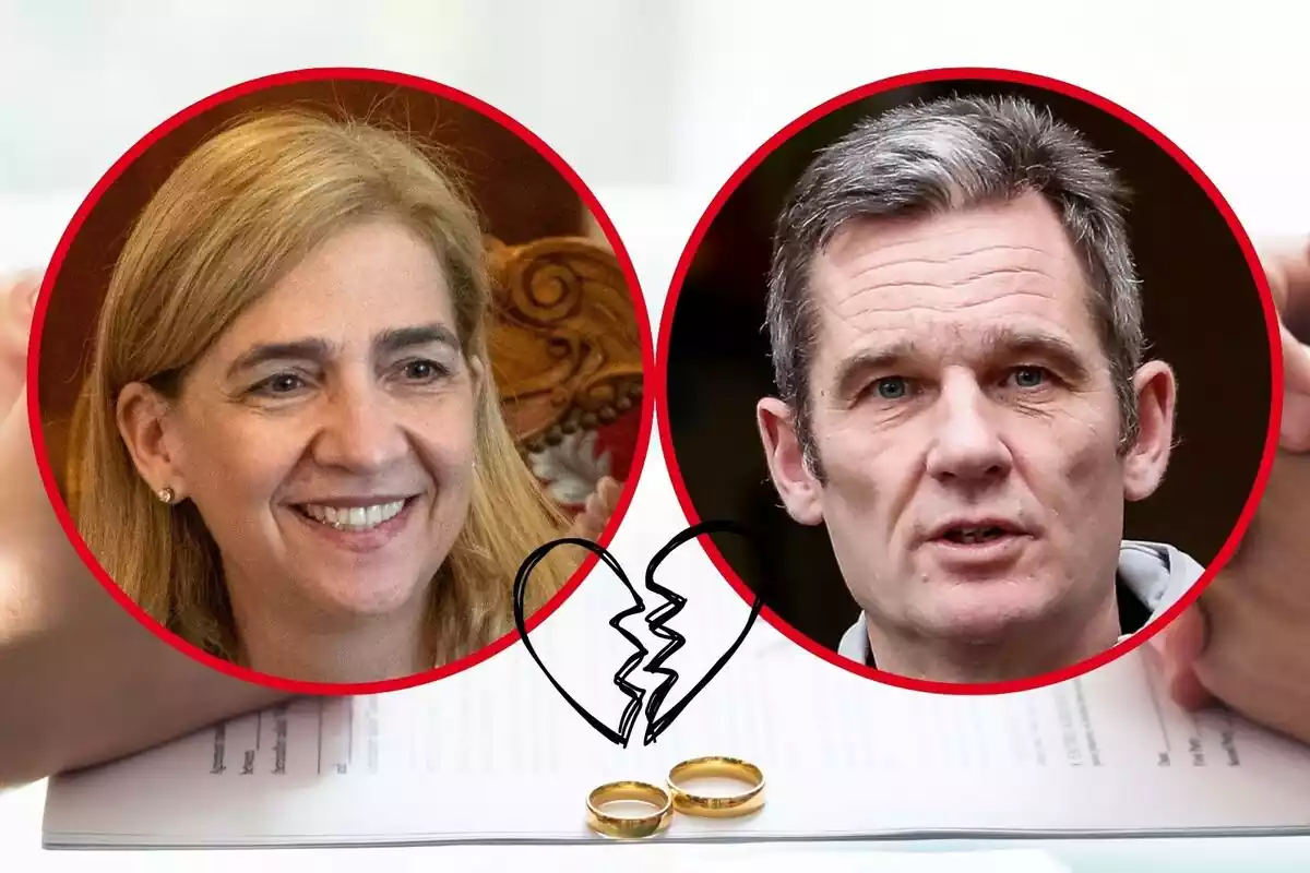 Muntatge de fotos de primer pla d'Iñaki Urdangarin amb rostre seriós i la infanta Cristina amb rostre somrient, tots dos tenen al costat un emoji de cor trencat