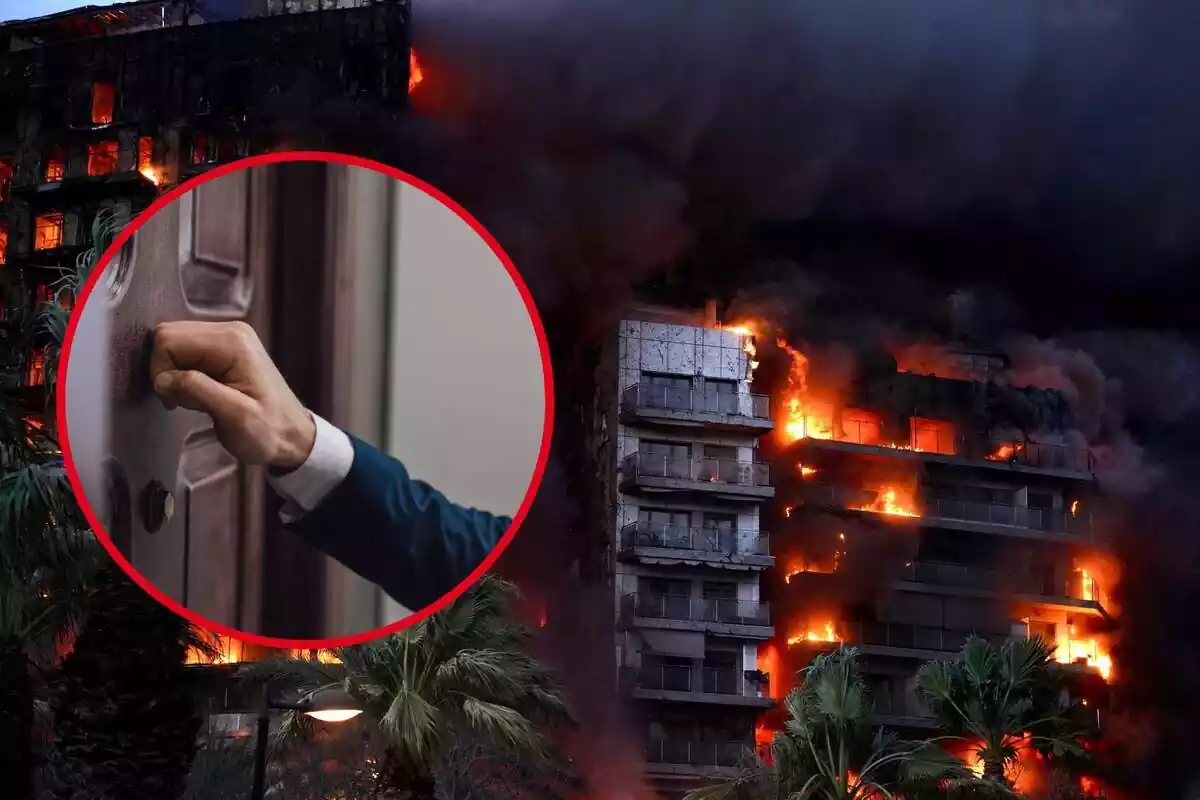 Muntatge de fotos de la façana de l'edifici cremat a València i, al costat, una imatge d'una mà picant a la porta