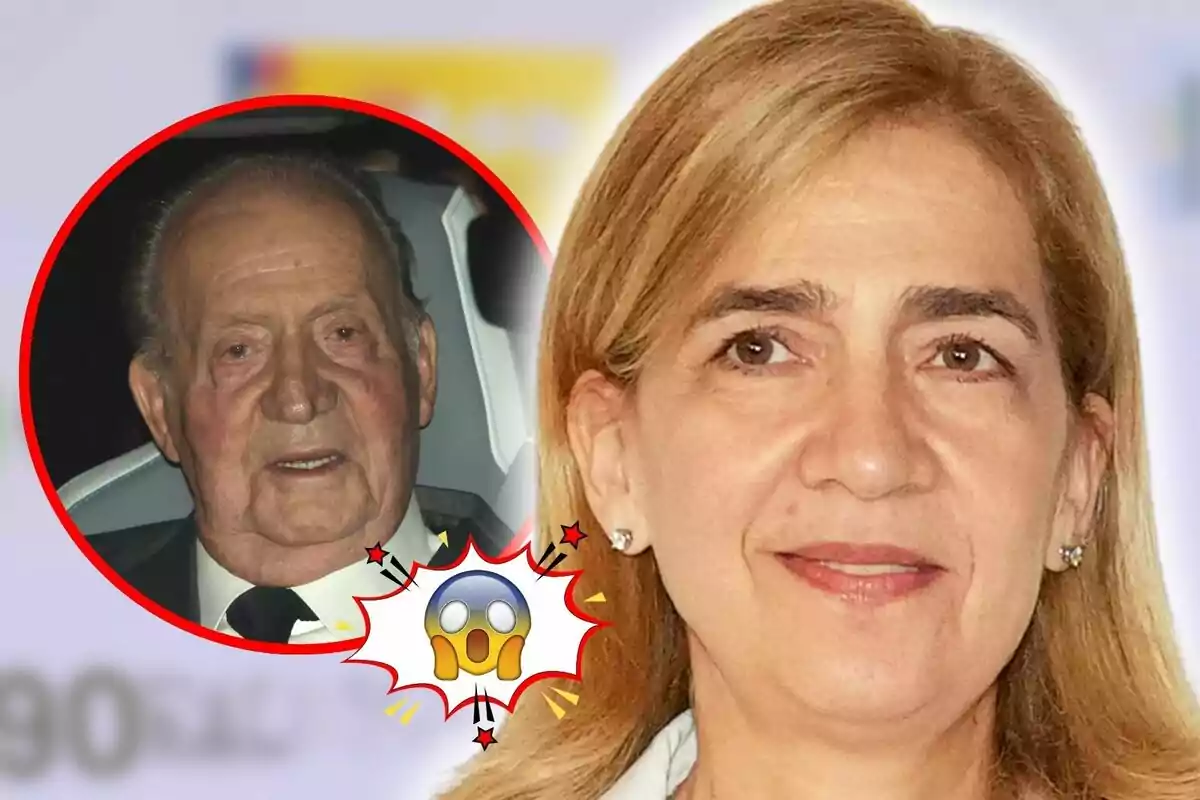 Muntatge de fotos de primer pla de la infanta Cristina de Borbó amb una expressió neutral i, al costat, una imatge de Joan Carles I en un cercle vermell amb un emoji de sorpresa.