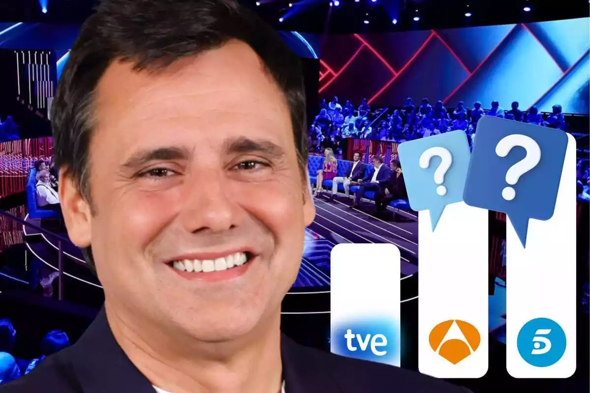Muntatge de fotos d'Ion Aramendi, molt somrient, i al costat un gràfic de barres amb interrogants i els logos de les principals cadenes de televisió a Espanya: TVE, Antena 3 i Telecinco