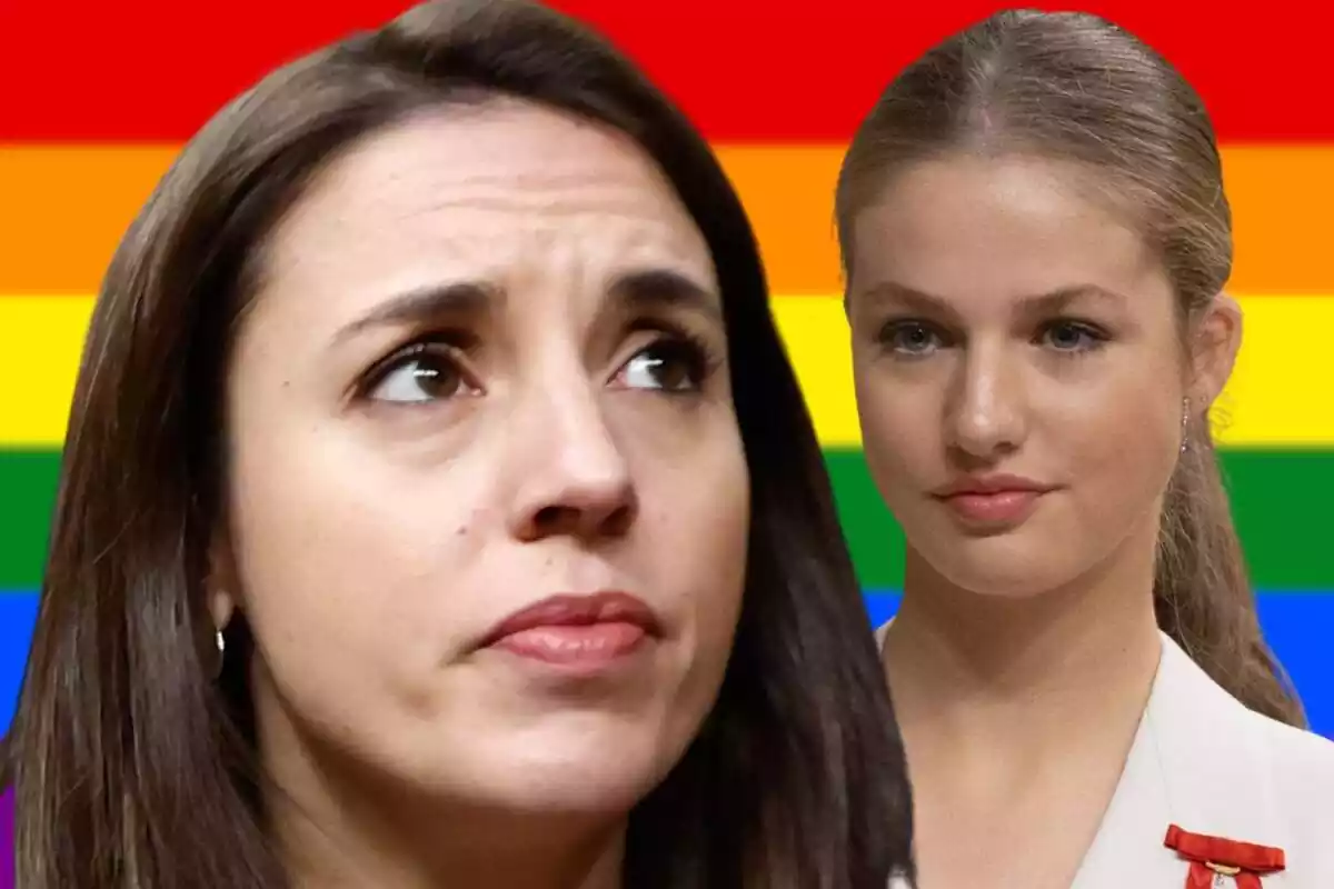 Muntatge de fotos d'Irene Montero i Leonor de Borbó amb la bandera lgtbi de fons