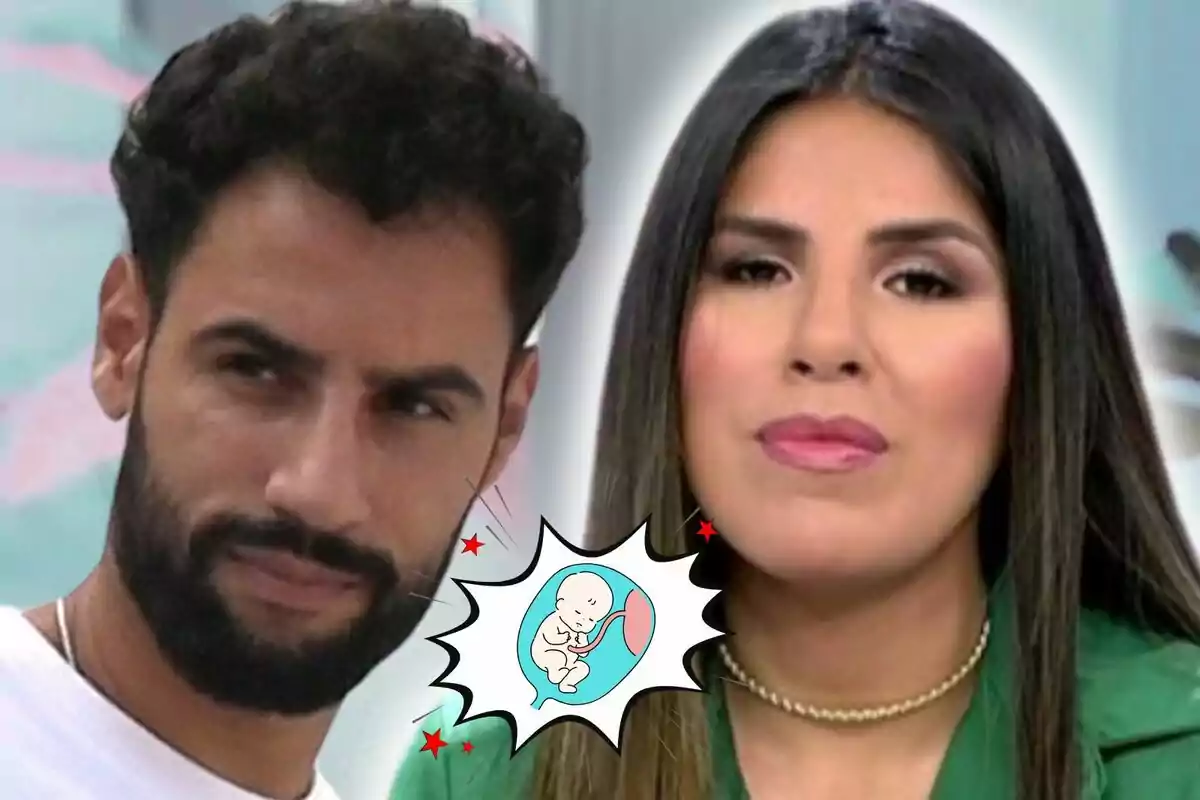 Close-up photo montage of Asraf Beno and Isa Pantoja—both with serious expressions—with a baby emoji in the center.