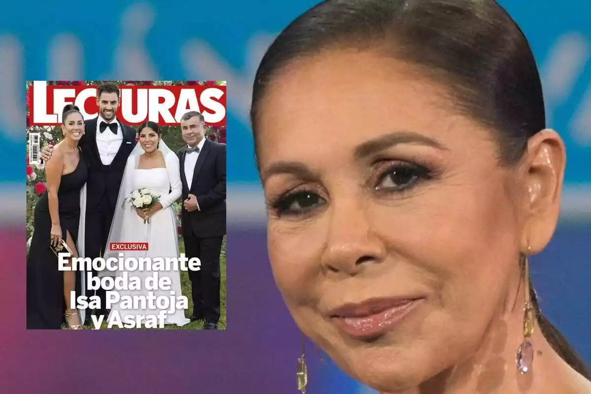 Muntatge de fotos d'Isabel Pantoja amb la portada de 'Lecturas' on apareix la seva filla, Asraf Beno, Anabel Pantoja i Jorge Javier Vázquez el dia del casament