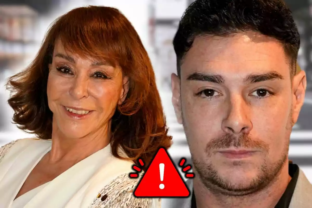 Close-up photo montage of Mari Ángeles Grajal and Jacobo Ostos against a blurred background with a warning icon in the center.