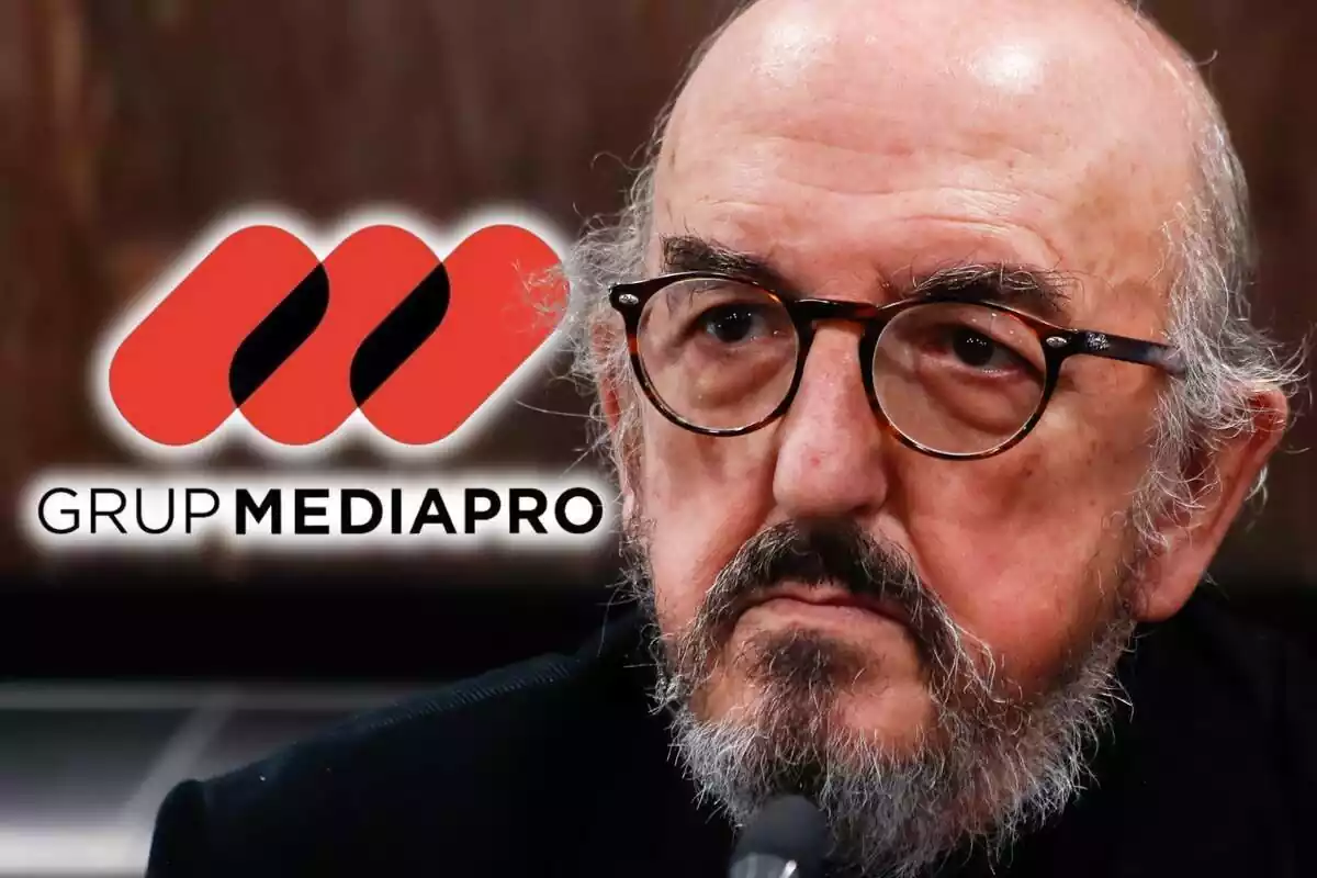 Muntatge de fotos de Jaume Roures, en un primer pla i amb rostre seriós, i al costat el logotip del grup Mediapro