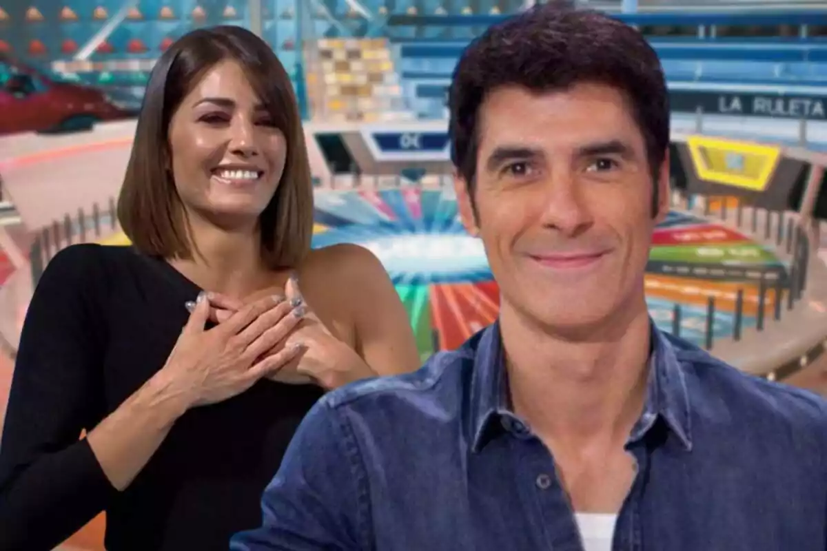 Muntatge de fotos de Jorge Fernández i Laura Moure, tots dos somrients, amb el plató del programa 'La ruleta de la sort' de fons