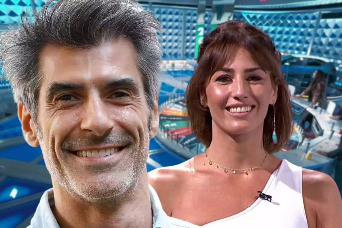 Muntatge de fotos de Jorge Fernández i Laura Moure, tots dos somrients, amb el plató del programa 'La ruleta de la sort' d'Antena 3 de fons