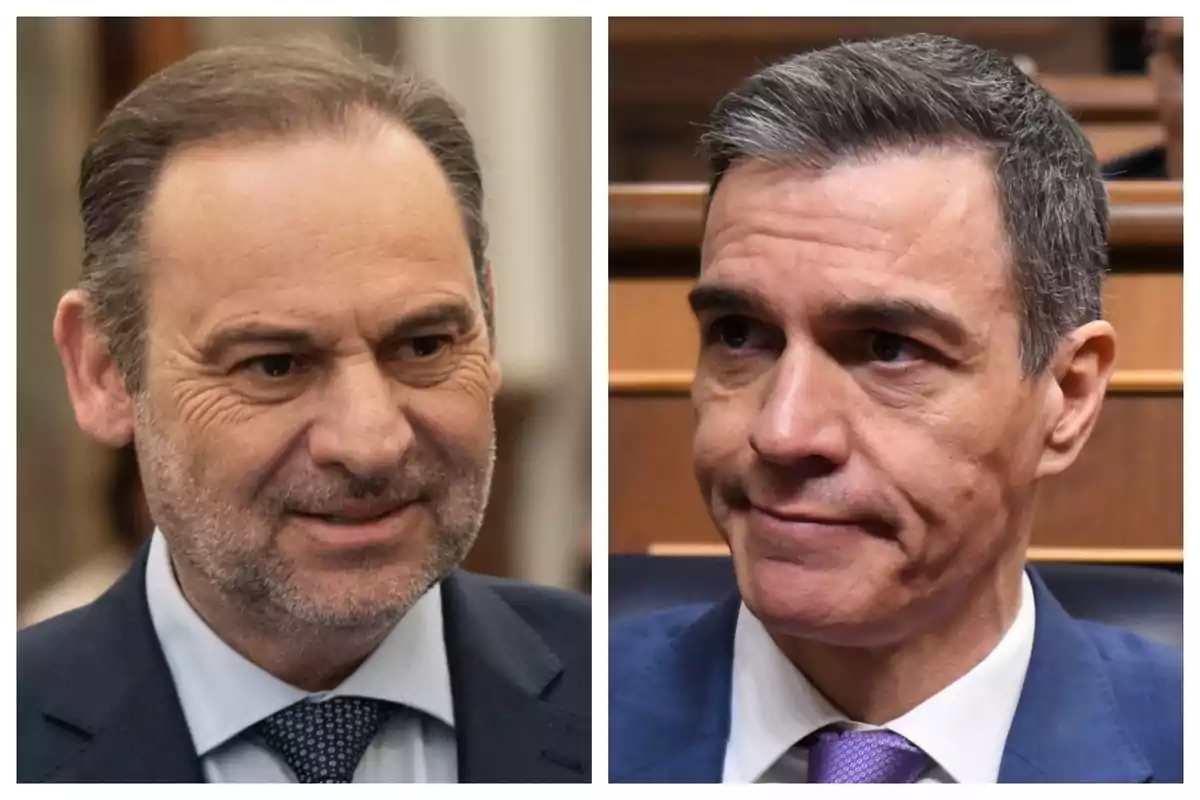 Dos homes en un entorn formal, tots dos amb vestit i corbata, un d'ells és José Luis Ábalos i l'altre és Pedro Sánchez. Dos homes en un entorn formal, tots dos amb vestit i corbata, un d'ells és José Luis Ábalos i l'altre és Pedro Sánchez.
