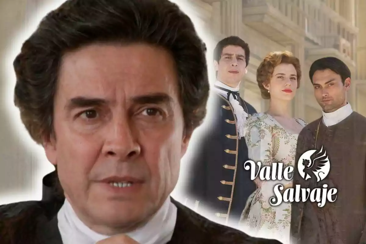 Muntatge de fotos de José Manuel Seda en primer pla amb expressió seriosa i tres persones al fons vestides amb roba d'època al costat del text "Valle Salvaje".