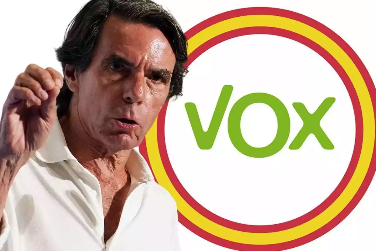 Muntatge de fotos de José María Aznar amb cara seriosa i el logotip de Vox al costat, envoltat d'un cercle amb els colors de la bandera d'Espanya