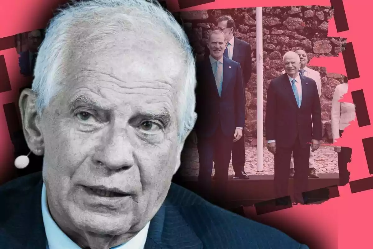 Muntatge de fotos de Josep Borrell amb un micròfon a l'orella apareix en primer pla mentre al fons es veu a diversos homes amb vestit posant -entre ells ell amb el rei Felip- davant d'una paret de pedra sobre un fons vermell.