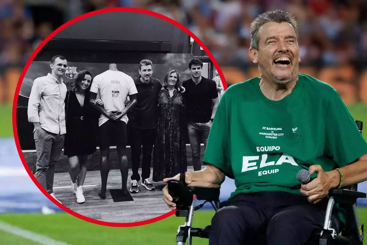 Muntatge de fotos de Juan Carlos Unzué assegut en una cadira de rodes amb rostre molt somrient i, al costat, una imatge d'ell i la família