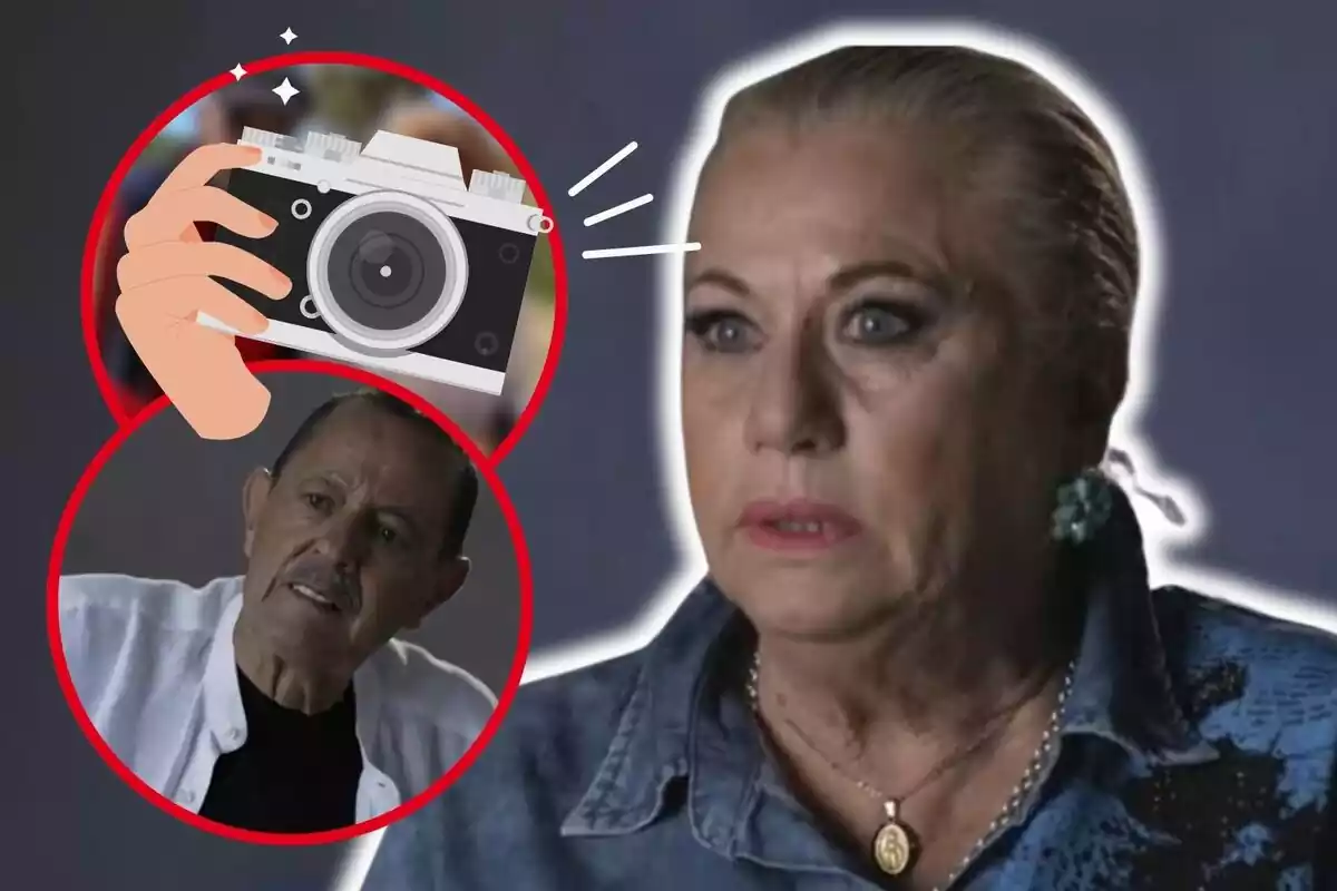 Muntatge de fotos de primer pla de Mayte Zaldívar i Julián Muñoz, tots dos amb rostre seriós, i al costat, un emoji d'una càmera de fotos