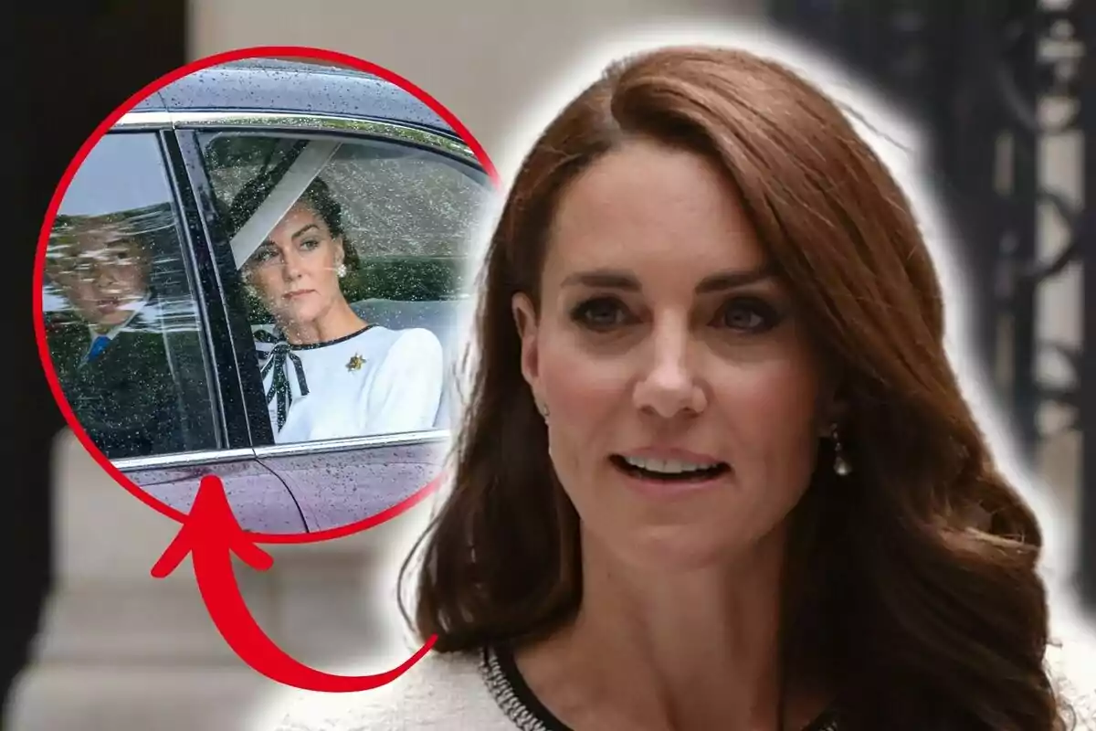 Muntatge de fotos de Kate Middleton on apareix amb rostre somrient i, al costat, una imatge a l'interior d'un cotxe amb rostre seriós