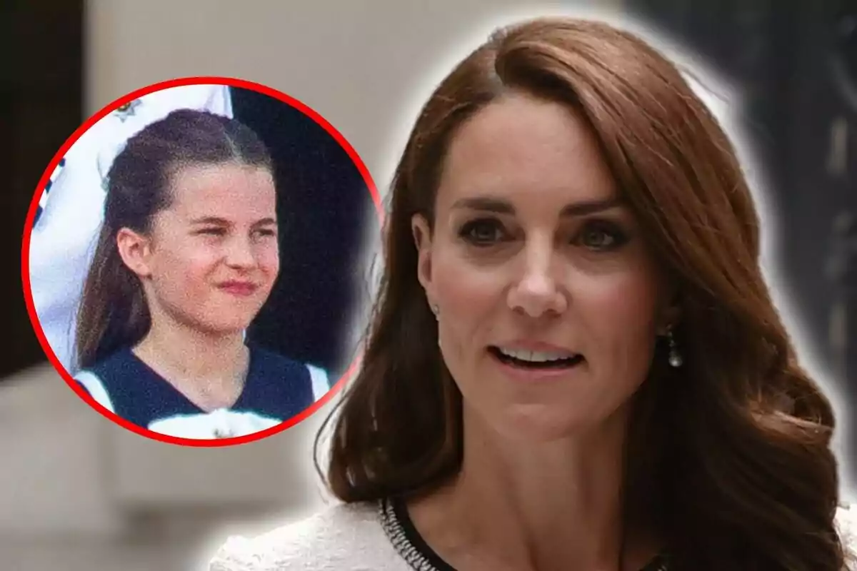 Muntatge de fotos en què Kate Middleton apareix en primer pla, mentre que en un cercle vermell a l'esquerra es mostra la seva filla Charlotte amb els cabells recollits.