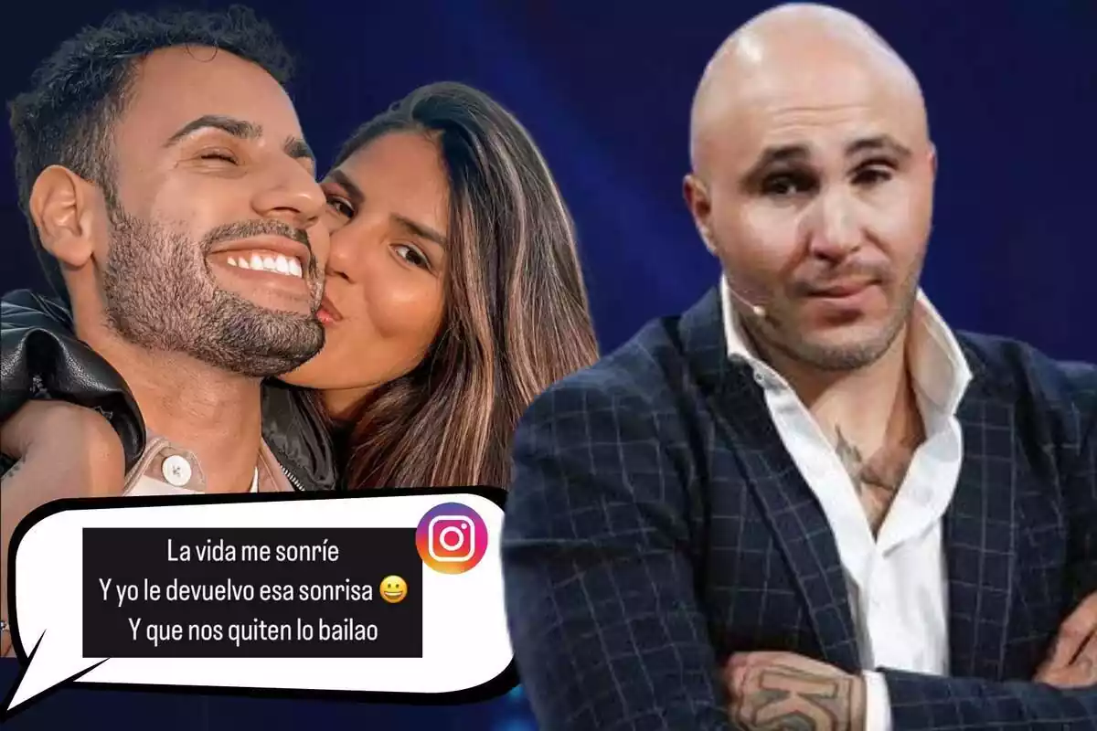 Muntatge de fotos de Kiko Rivera, Isa Pantoja i Asraf Beno, tots somrients, i al costat un missatge que ha publicat Rivera al seu perfil d'Instagram
