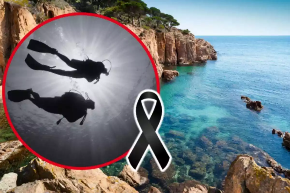 Muntatge de fotos de plànol general de la Costa Brava i, al costat, una imatge de recurs de dos submarinistes