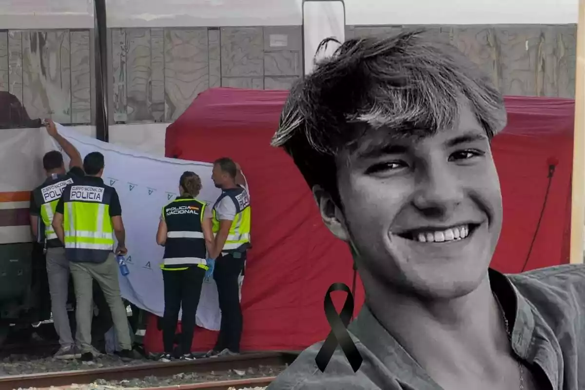 Muntatge de fotos d'Álvaro Prieto, amb rostre somrient, i darrere una imatge dels agents de la policia nacional fent l'aixecament del cadàver