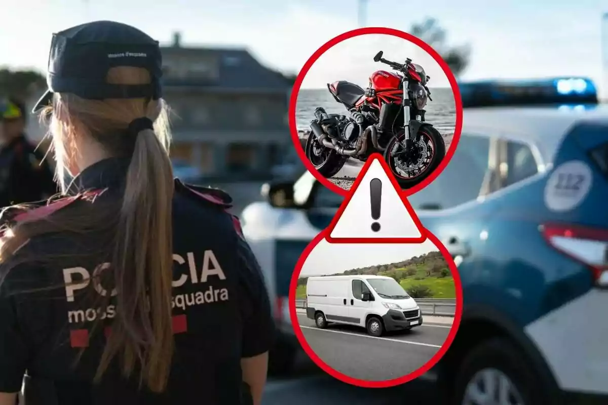 Muntatge de fotos de la policia, una moto, una furgoneta i una exclamació