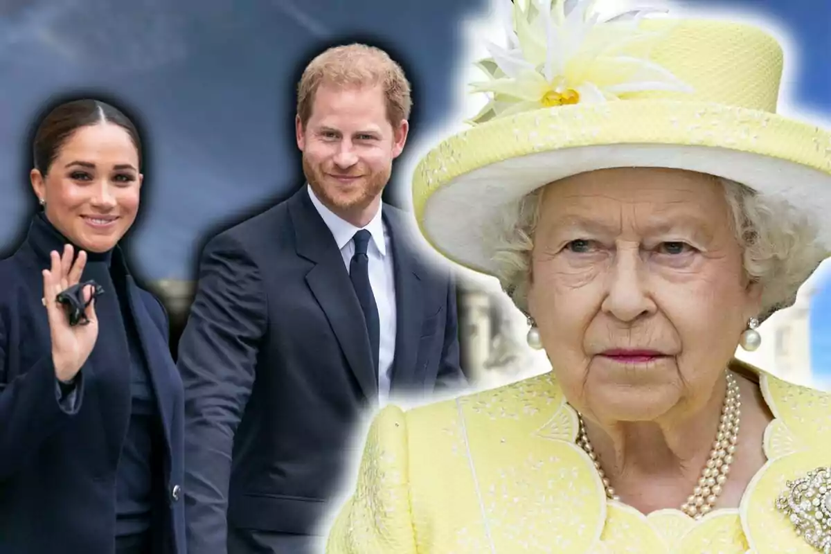 A woman and a man -who are Prince Harry and Meghan Markle- dressed formally, alongside an older woman, who is Queen Elizabeth II, wearing a yellow hat.