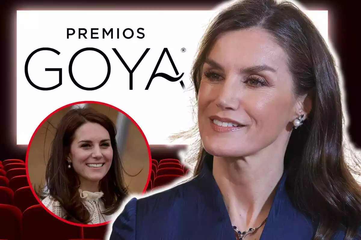 Muntatge de fotos de primer pla de Letizia Ortiz i Kate Middleton somrients i, de fons, un cinema amb el logo dels Premis Goya