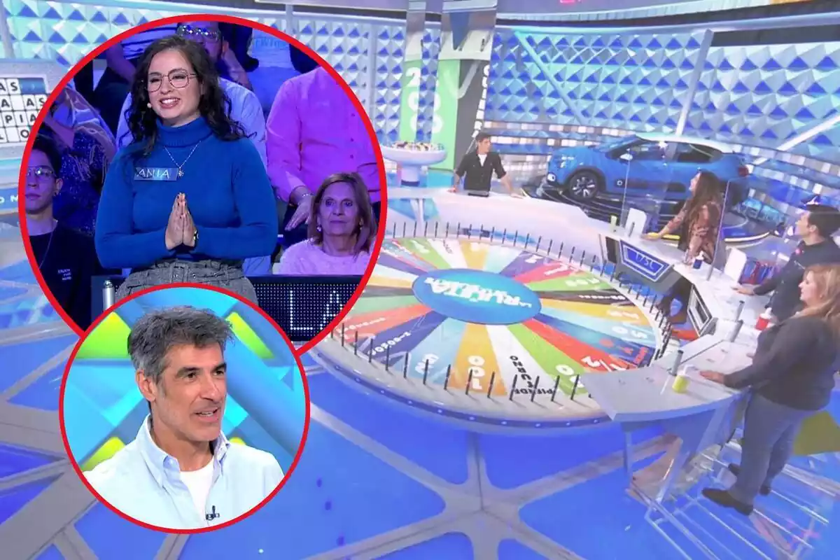Muntatge de fotos del plató de 'La Ruleta de la Suerte' i, al costat, una imatge d'una concursant del programa, Ania, i Jorge Fernández