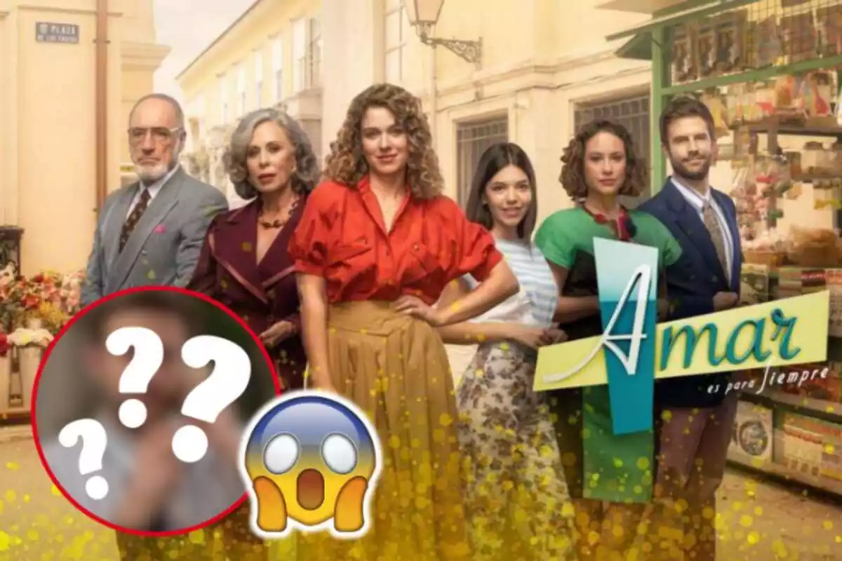 Muntatge de fotos del cartell promocional de la sèrie 'Amar es para Sempre' amb un cercle difuminat amb interrogants i un emoji de sorpresa