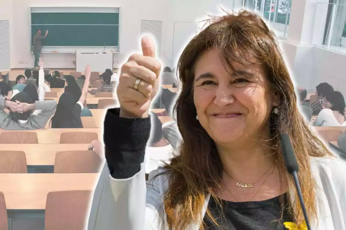 Muntatge de fotos de primer pla de Laura Borràs somrient i, de fons, la imatge d'una aula