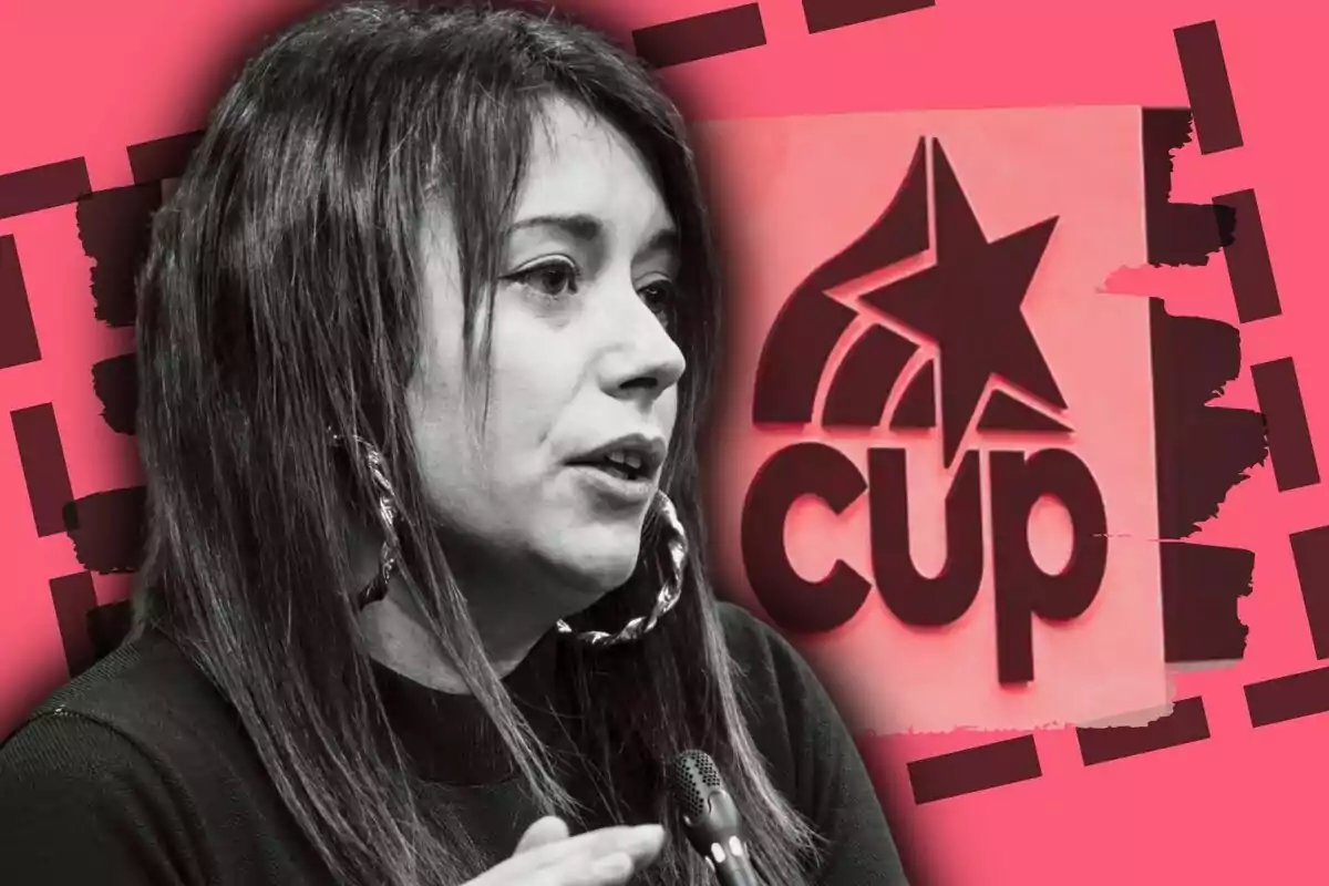 Muntatge de fotos de Laure Vega parlant davant d’un micròfon amb el logotip de la CUP de fons sobre un disseny en tons rosats.