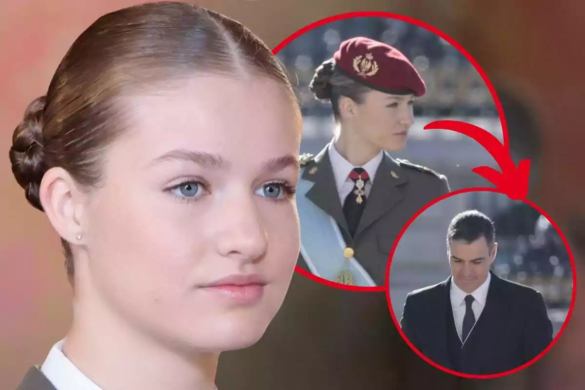 Muntatge de fotos de primer pla de la princesa Leonor de Borbó, amb rostre seriós, i al costat, una imatge mirant el president del Govern, Pedro Sánchez, i una imatge d'ell amb la cara somrient però capcot; totes les imatges preses durant l'esdeveniment de la Pasqua Militar 2024