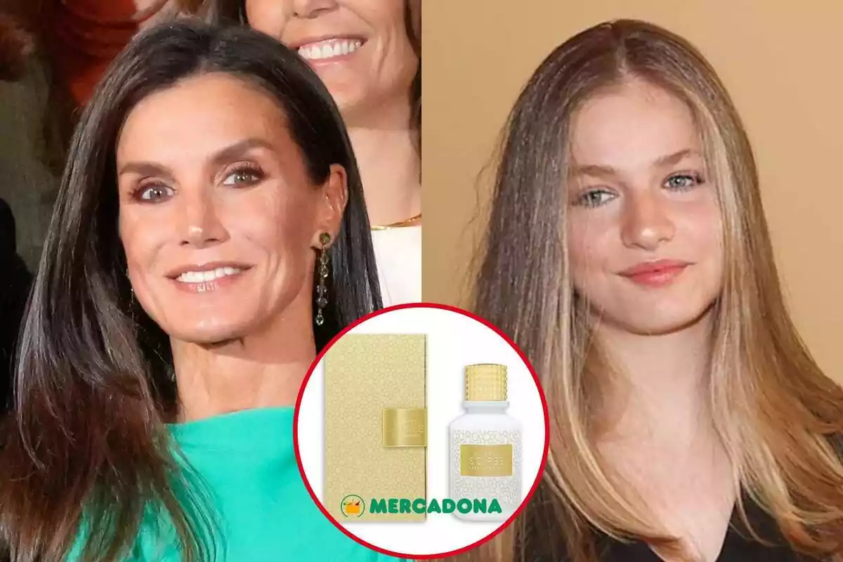 Muntatge de fotos de la reina Letizia i Leonor de Borbó, amb cares somrients, i al mig una imatge d'un perfum de Mercadona