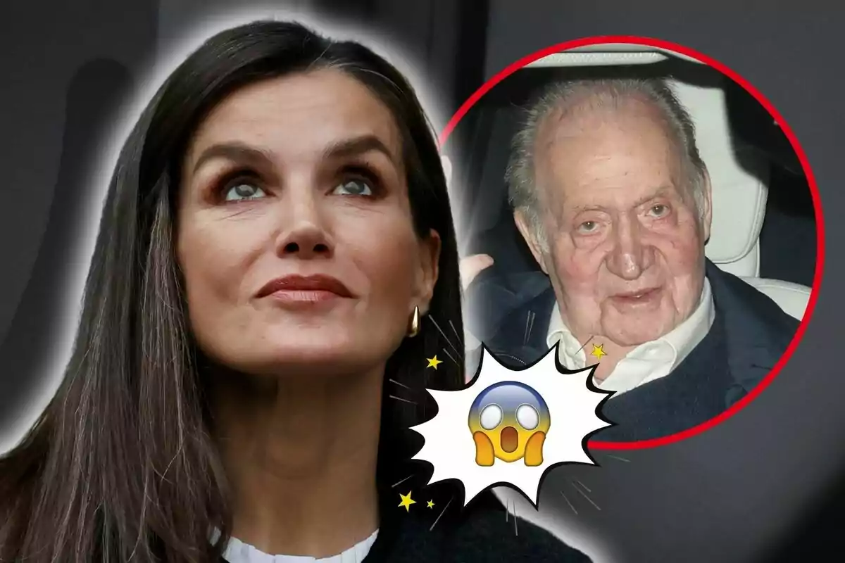 Primer pla de Letizia Ortiz mirant cap amunt amb una expressió seriosa i Joan Carles I en un cercle vermell amb un emoji de sorpresa a primer pla.