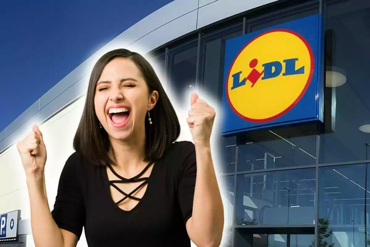 A person excited in front of a Lidl store.
