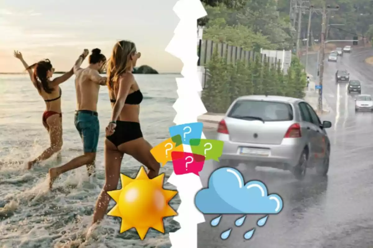 Muntatge de fotos de tres persones entrant a la platja i, al costat, un cotxe circulant amb pluja; davant dos emojis de sol i pluja amb interrogants