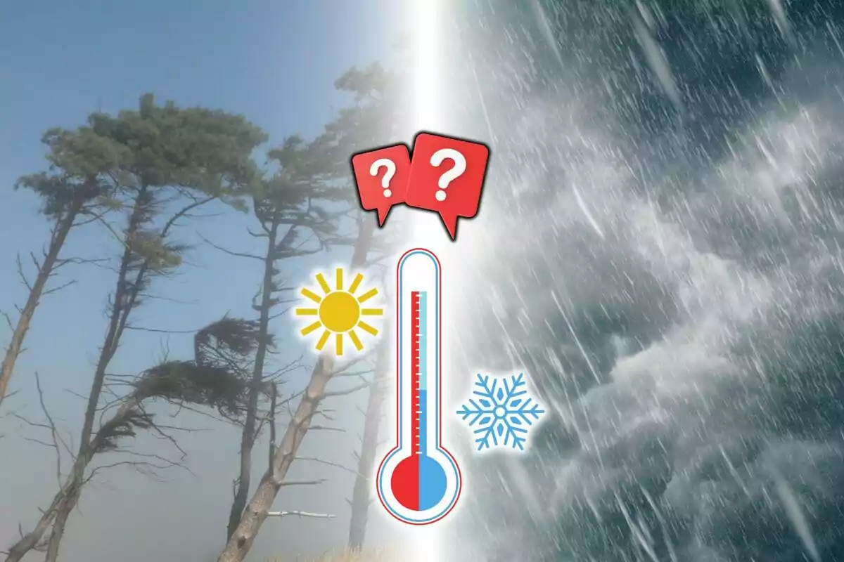 La imatge mostra un contrast entre dos climes, amb arbres inclinats pel vent a l'esquerra i una tempesta de neu a la dreta, acompanyats d'icones de sol, floc de neu i un termòmetre al centre.