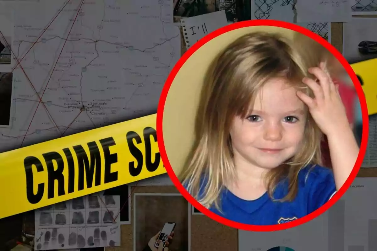 Una imatge mostra una cinta d'escena del crim groga amb la inscripció "CRIME SCENE" sobre un fons de mapes i notes connectades amb fils vermells, al centre hi ha un cercle vermell que emmarca la foto de Madeleine McCann.