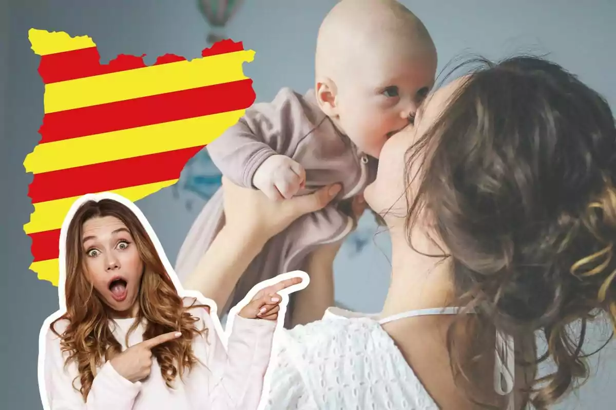 Muntatge de fotos d'una persona sorpresa i, de fons, una mare fent un petó al fill nadó