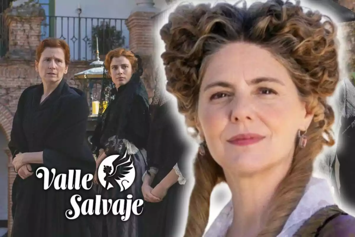 Imatge promocional de la sèrie "Valle Salvaje" mostrant tres personatges femenins en un entorn històric i, en primer pla, una imatge de Manuela Velasco amb rostre seriós.