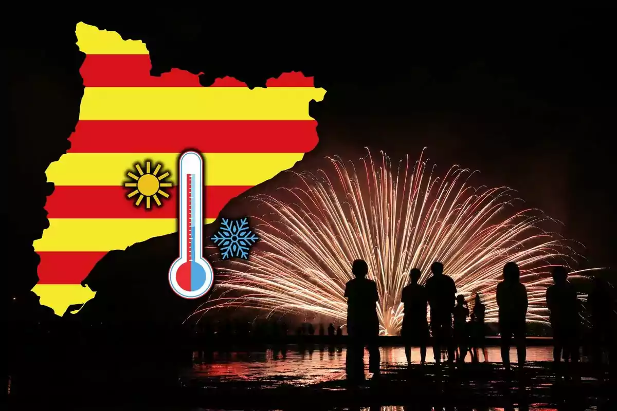 La imatge mostra un mapa de Catalunya amb les franges vermelles i grogues de la bandera catalana. Sobre el mapa, hi ha un termòmetre que indica temperatures tant càlides com fredes, amb un sol i un floc de neu als costats del termòmetre. En el fons, podeu veure un espectacle de focs artificials amb siluetes de persones observant l'esdeveniment. L'escena suggereix una celebració o una festivitat a Catalunya, possiblement relacionada amb canvis climàtics o estacions de l'any.