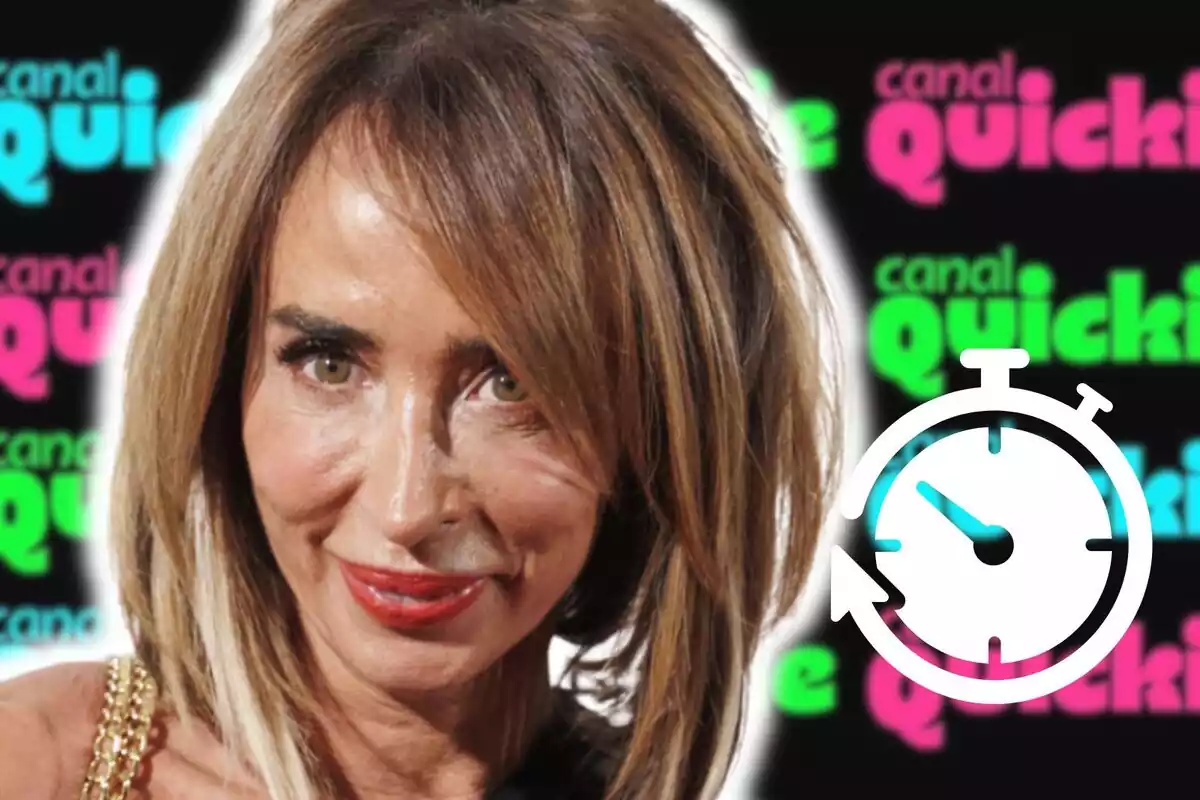 Muntatge de fotos de primer pla de María Patiño amb rostre somrient i, de fons, el logotip del Calan Quickie i un emoji d'un rellotge al costat