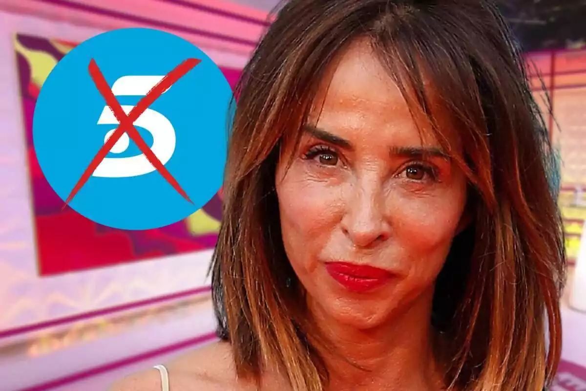 Muntatge de fotos de María Patiño, coon rostre seriós, i el logotip de Telecinco ratllat al costat