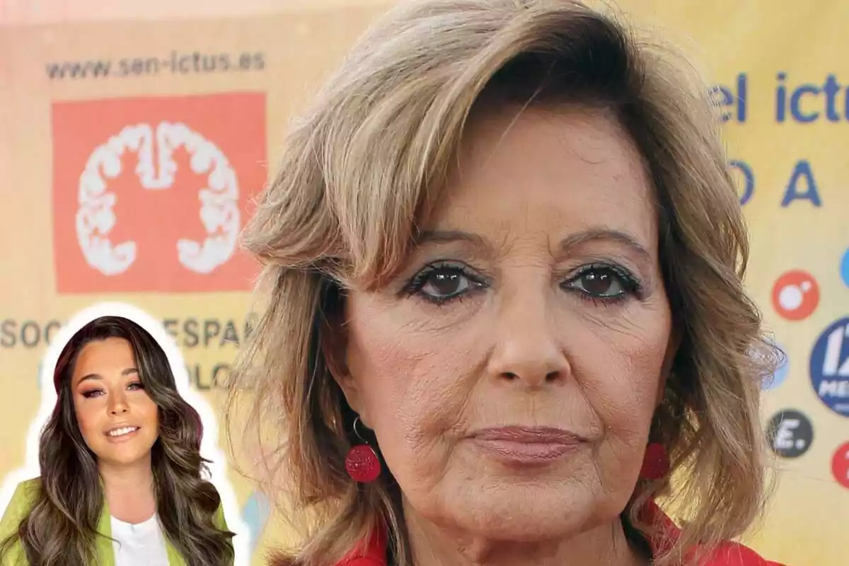 Muntatge de fotos de primer pla de María Teresa Campos, amb cara seriosa, i la periodista Marina Esnal al costat