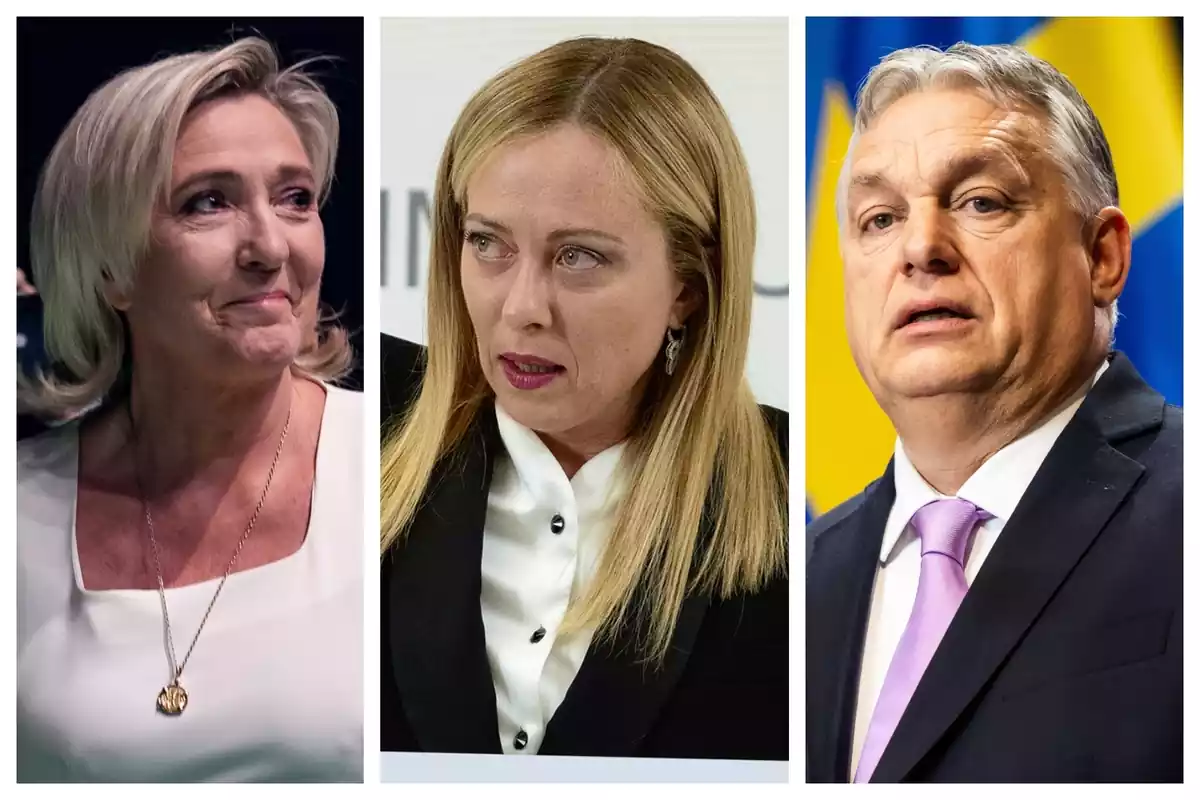 Muntatge de fotos de Marine Le Pen, Víktor Orban i Geòrgia Meloni, tots tres amb rostre seriós