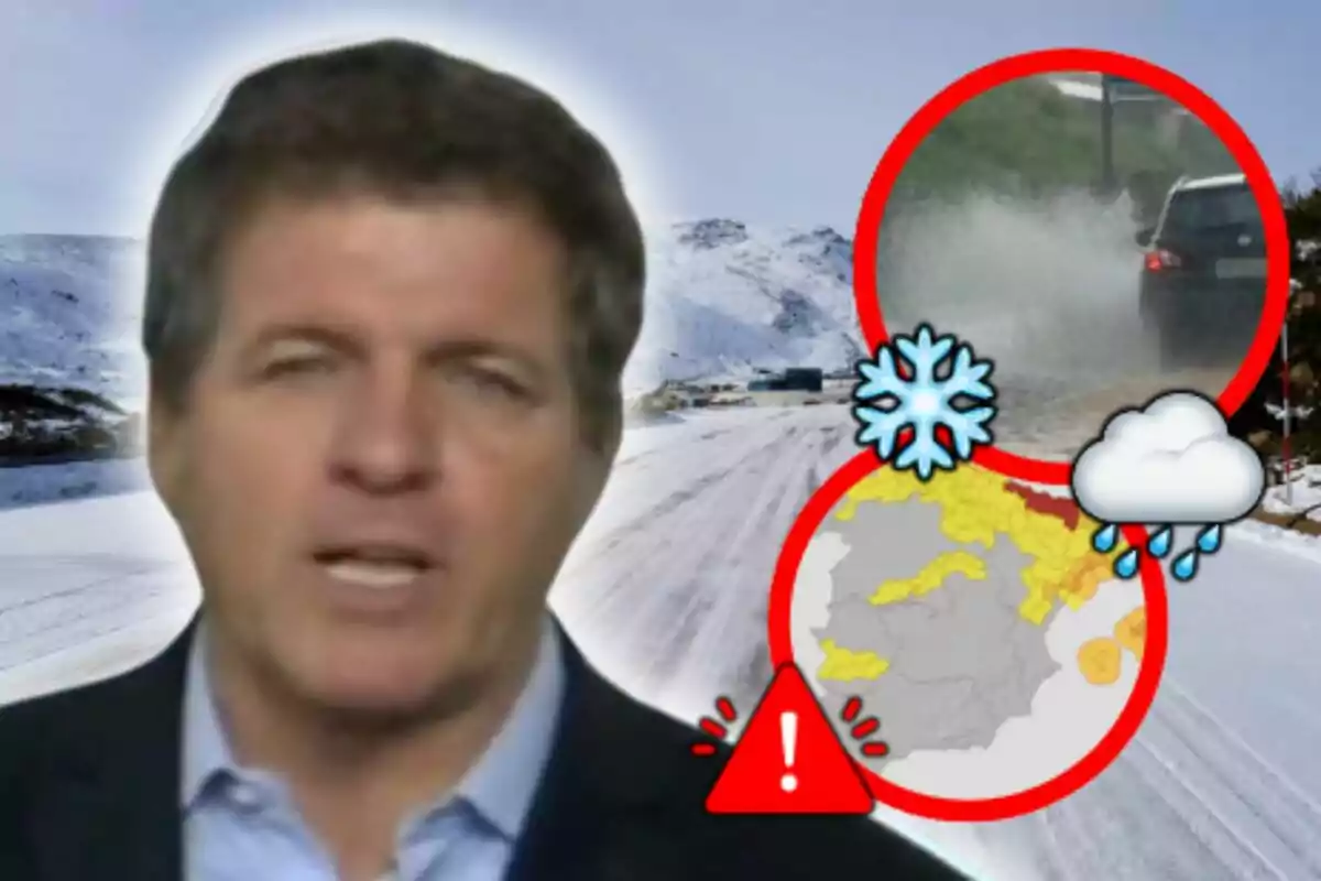 Mario Picazo parlant davant d'un fons nevat amb icones d'advertència del temps per un temporal hivernal i un mapa.