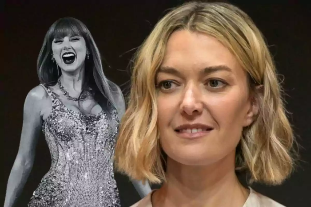 Muntatge de fotos de primer pla de Marta Ortega amb rostre somrient i Taylor Swift de fons també sornent