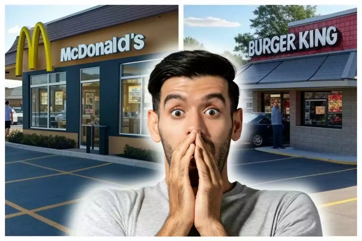 Un hombre con expresión de sorpresa está frente a dos restaurantes de comida rápida, uno de McDonald's y otro de Burger King.