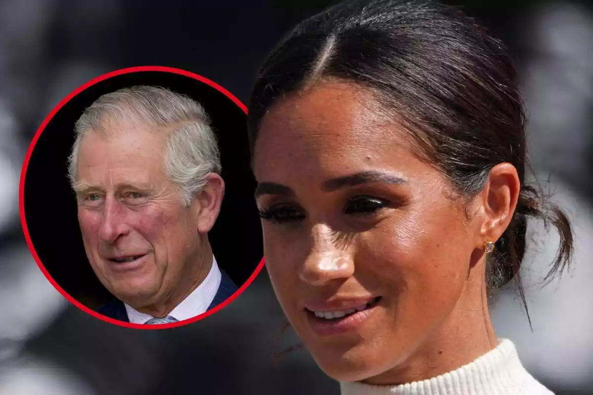 Montage of photos of Meghan Markle and Charles III, both in close-up and with smiling faces